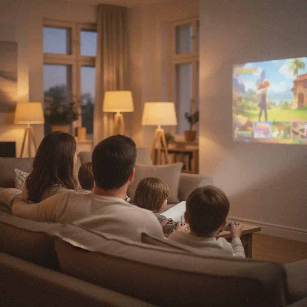 Family watching movie with Retro Cinema home projector