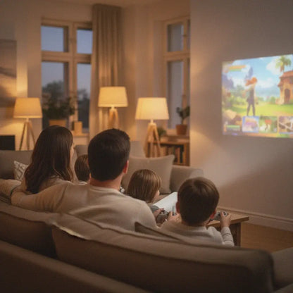 Family watching movie with Retro Cinema home projector
